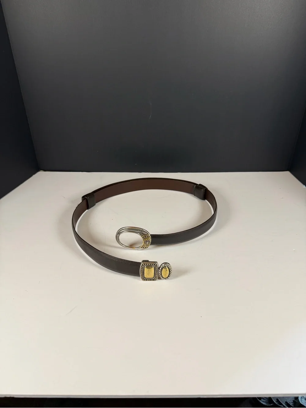 Vintage Chico's Brown Leather Mixed Metal Hook Belt Size M/L